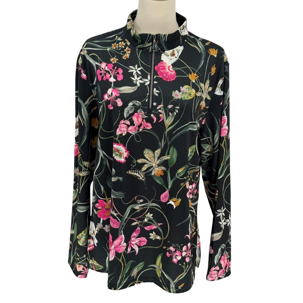 Acegolfs Quarter Zip Pullover Black Floral Botanical Print 2XL